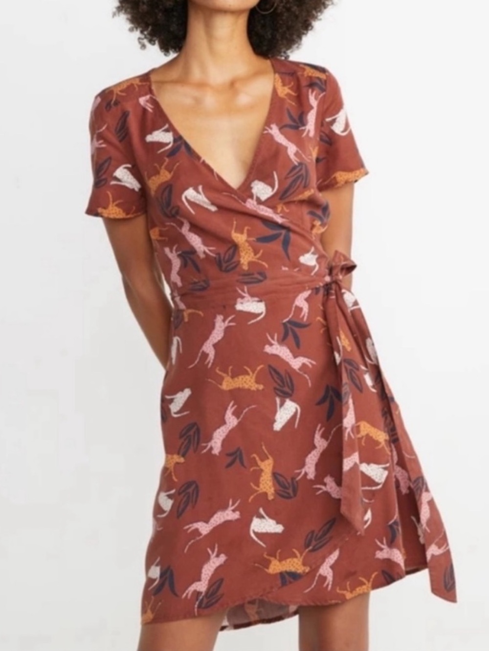 NWT Marine Layer Leonora Cheetah Cat Wrap Dress Rust Large